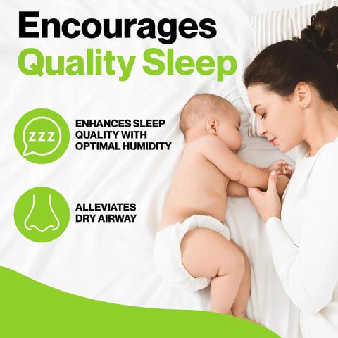 Mother and baby sleeping on bed, promoting 4 Pack Premium Humidifier Filter Set For Honeywell HAC 504 And HAC 504AW Series.