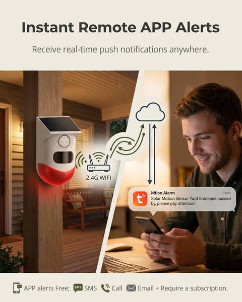 WiFi Solar Motion Sensor Alarm Outdoor With Free App Alerts Real Time Push Notifications 2.4G WiFi Compatible Battery Powered Solar Security Sensor Easy Zone Management Weatherproof Outdoor Home Surveillance mounted on porch post with phone alert