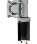 12V electric tarp gear motor for dump trailers; chrome-plated housing, bronze alloy gear, front view
