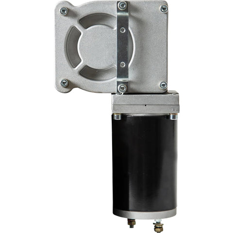 12V electric tarp gear motor for dump trailers; chrome-plated housing, bronze alloy gear, front view