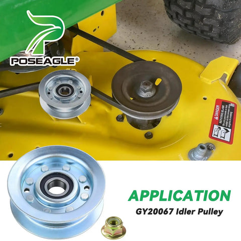 Dual Idler Pulley Kit GY22172 And GY20629 for John Deere D140 L130 Mower shown on yellow deck
