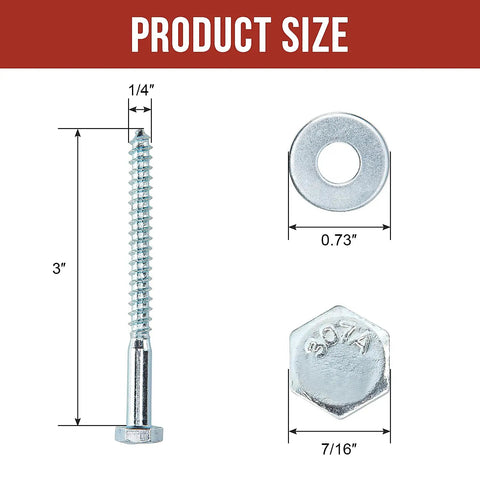 Heavy Duty One Quarter Inch By Three Inch Lag Bolts Set With 100 Pieces Lag Screws And 100 Pieces USS Flat Washers Zinc Plated Carbon Steel Outdoor Wood Fasteners With Deep Sharp Threads And Hex Heads For Decks Fences And Woodworking Projects showing product size