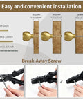 Installation diagram for 4-Pack Solid Brass Gold Cabinet Knobs With Flower Backplate, showing break-away screws and knob dimensions.
