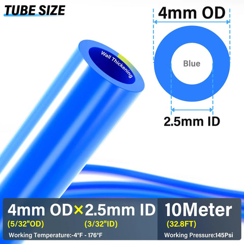 Cross-section of Blue PU Air Hose Kit 4mm OD 2.5mm ID, 10 Meter Length, 145 PSI Working Pressure, showing dimensions and color.