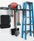 Folding Chair Wall Mount Storage Rack Four Pack Heavy Duty Garden Tool Hangers for garage organization, holding chairs and tools.