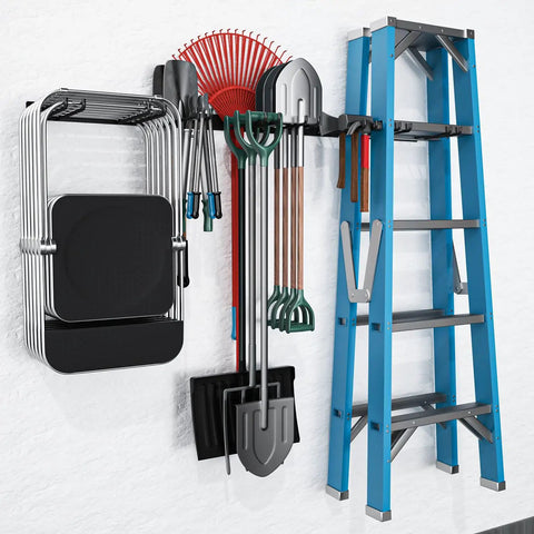 Folding Chair Wall Mount Storage Rack Four Pack Heavy Duty Garden Tool Hangers for garage organization, holding chairs and tools.