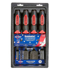 Dominator Straight Scrapers 4 Piece Set for heavy duty gasket removal, paint, rust, carbon buildup, tile scraping in packaging