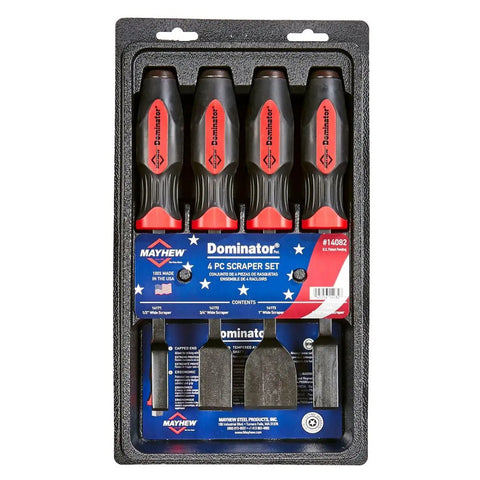 Dominator Straight Scrapers 4 Piece Set for heavy duty gasket removal, paint, rust, carbon buildup, tile scraping in packaging