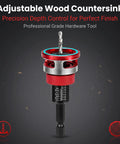 Top Shelf 7 Piece Countersink Drill Bit Set For Woodworking With Adjustable Depth Stop, showing a red adjustable countersink tool.