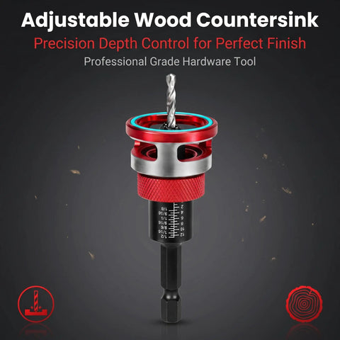 Top Shelf 7 Piece Countersink Drill Bit Set For Woodworking With Adjustable Depth Stop, showing a red adjustable countersink tool.