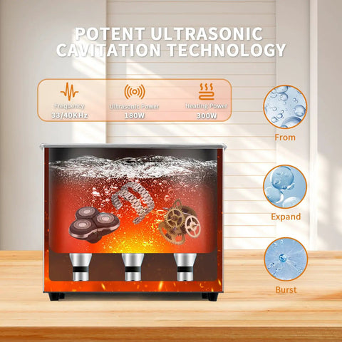 Knock Out Gnarly Grime Six Liter Digital Ultrasonic Cleaner With Smooth Touch Screen Control And Solid Stainless Steel Tank showing cavitation technology for cleaning.