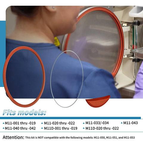 Installed view of M11 door gasket kit for Midmark M11/M11D sterilizers; orange door seal, dam gasket, and support wires.