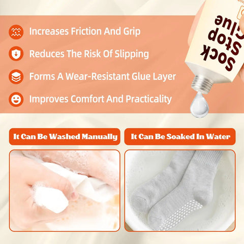 Anti Slip Sock Stop Adhesive With Handy Tip Applicator Transparent Waterproof Sock Glue For Bath Mats Carpets Blankets And Rugs Delivers Long Lasting Grip No Slip Protection 50ml in use with socks and washing.