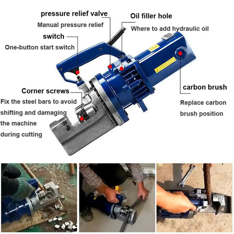 Heavy Duty Electric Hydraulic Rebar Cutter For 4-22mm Steel Rods With Fast 2.5-5S Cut Speed, showing key features and parts.