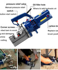 Electric Hydraulic Rebar Cutter Saw For Up To 22Mm Bar Stock With Fast Cut Speed And Steel Blade. Includes Hard Carry Case, detail view with labeled parts.