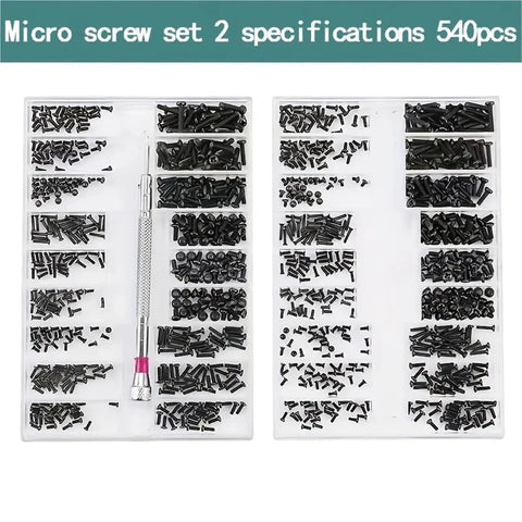 Solid 630 Piece Micro Repair Screw Set With Precision Drivers To Quick Fix Cracked Glasses Sunglasses Wristwatches And Jewelry M1.2 M1.4 Flat Heads Super Handy Tool Kit For Daily Use in a compact case.