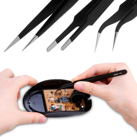 10 Piece ESD Safe Precision Tweezers Set Stainless Steel Anti Static Non Magnetic With Storage Bag For DIY Electronics Repair Jewelry Making And Laboratory Work, used on circuit board