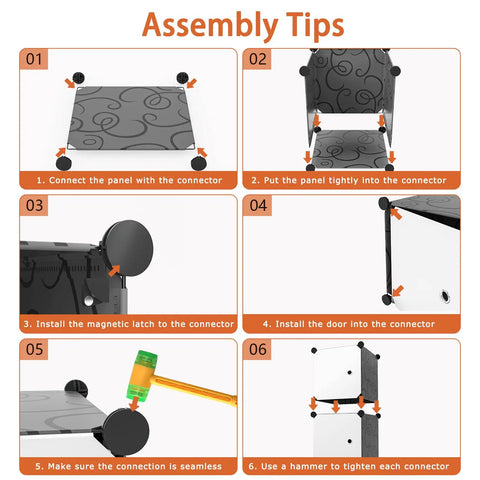 Assembly tips for Nine Cube Portable Closet Wardrobe With Doors Space Saver Storage Organizer showing panel and connector setup