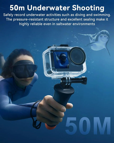 Diver holding Waterproof Action Camera Case For Osmo Action 5 4 3 with 50 meter depth, underwater in the ocean, anti fog housing.
