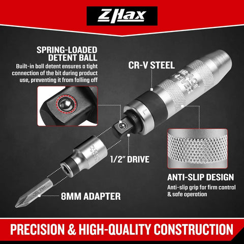 One Half Inch Hand Impact Driver Set For Loosening Stripped Screws And Rusted Bolts Fifteen Piece Reversible CR V Steel Bit Kit