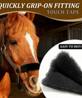 3 Pack Black Noseband Covers For Horses With Soft Fleece Padding Guard Shields on horse's halter, close up of Velcro closure