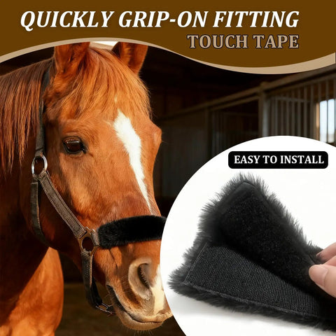 3 Pack Black Noseband Covers For Horses With Soft Fleece Padding Guard Shields on horse's halter, close up of Velcro closure