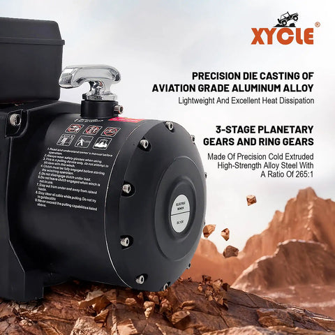 Heavy Duty 13,500 Lbs 12V Electric Winch With 3/8 Inch Synthetic Rope, Waterproof IP67, Remote Control, For 4x4 Trucks, SUVs, ATVs, Boats, And Trailers, Built For Serious Off Road Recovery. Black winch housing with aluminum alloy gear cover.