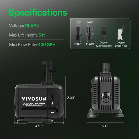 Ultra Quiet Submersible Water Pump 400 GPH Ideal For Pond, Fish Tank, Aquarium, And Hydroponics, 5.3 Ft Lift, 15W dimensions