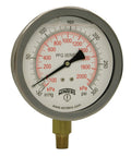 Front view of 4-inch liquid-filled pressure gauge with stainless steel case and brass 1/4 inch NPT bottom mount; dual psi/kPa.