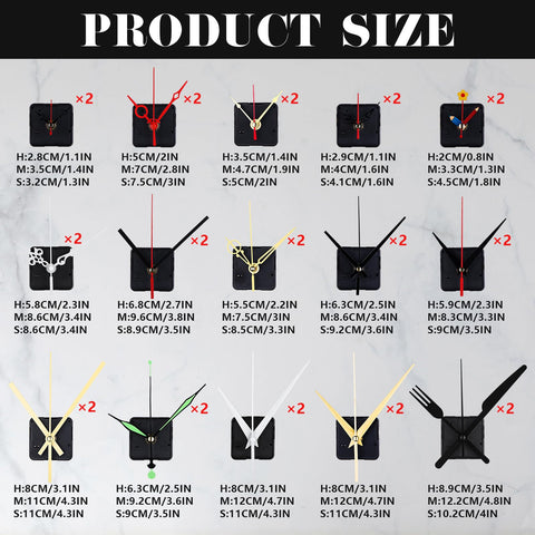 Image showing 15 styles of Dope 30Pcs Short Spindle Quartz Clock Movement Kit With Silent Mechanism for DIY wall clocks.