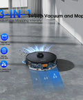 Smart Robot Vacuum And Mop With LiDAR Mapping for real-time home cleaning, showing 3-in-1 functionality on grey wood floor.