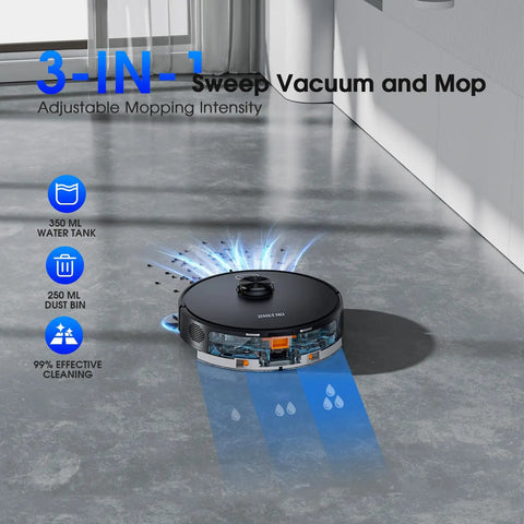 Smart Robot Vacuum And Mop With LiDAR Mapping for real-time home cleaning, showing 3-in-1 functionality on grey wood floor.