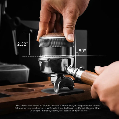 Hand adjusting 58mm Espresso Distributor With Adjustable Depth For All 58mm Portafilters Stainless Steel and Walnut Build