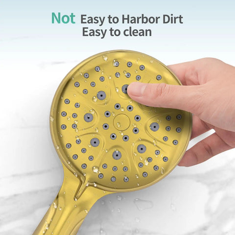 Brushed gold handheld of High Pressure 3 Way Rainfall Shower Faucet Set With 3 In 1 Shower Head And Handheld, close-up view.