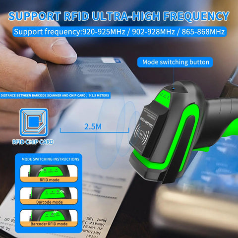 Close-up of UHF RFID Reader With EPC Gen 2 18000-6C Protocol And Industrial Barcode Scanner placed on a desk with RFID card.