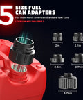 5 size fuel can adapters shown with a red fuel can, compatible with Get She Done Cordless Fuel Transfer Pump Pulling Gasoline Diesel Oil And Water Smoothly At 5 Gpm Compatible With Milwaukee 18V Batteries For Trucks Rvs And Job Sites.