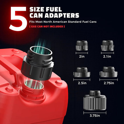 5 size fuel can adapters shown with a red fuel can, compatible with Get She Done Cordless Fuel Transfer Pump Pulling Gasoline Diesel Oil And Water Smoothly At 5 Gpm Compatible With Milwaukee 18V Batteries For Trucks Rvs And Job Sites.
