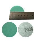 Premium 50mm Sanding Discs Hook Loop With Eight Holes For Fast Dust Removal, showing two 50mm zirconia discs and a ruler.