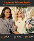 Two people using Air SE Wireless Mini Mic For iPhone And Android With AI Noise Cancellation Clip On Creator Mic For YouTube TikTok And Vlog 2TX Plus USB C Receiver 48kHz 24 Bit while filming with a phone.