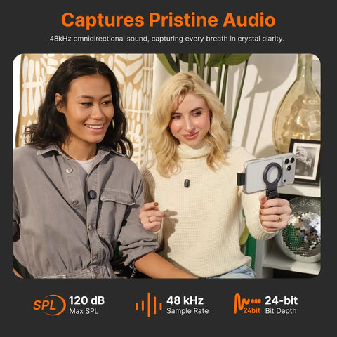 Two people using Air SE Wireless Mini Mic For iPhone And Android With AI Noise Cancellation Clip On Creator Mic For YouTube TikTok And Vlog 2TX Plus USB C Receiver 48kHz 24 Bit while filming with a phone.