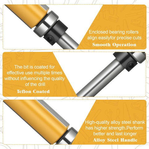 Flush Trim Router Bit Set With Top And Bottom Bearings Carbide Straight Cut with alloy steel shank and Teflon coating