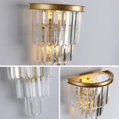 Slick Gold Crystal Four Tier Wall Sconce Lighting with K9 Crystal Shade and Gold Finish, E12 Sockets, Mounted on Wall
