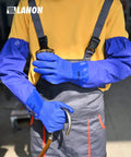 Person wearing 26 Inch PVC Chemical Resistant Gloves Heavy Duty Long Rubber Work Gloves For Acid Alkali Oil Protection XL Durable