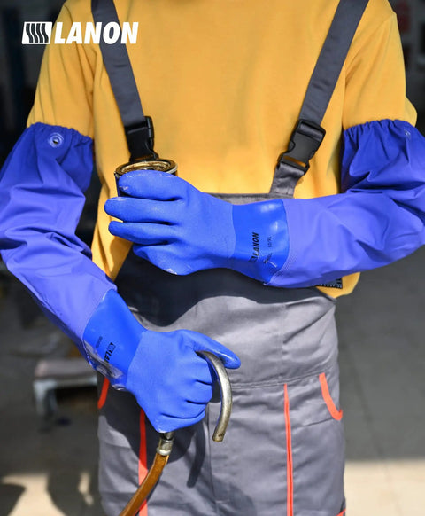 Person wearing 26 Inch PVC Chemical Resistant Gloves Heavy Duty Long Rubber Work Gloves For Acid Alkali Oil Protection XL Durable