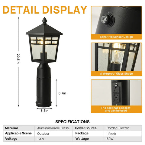Detail display of Dusk To Dawn Post Mount Outdoor Light Head with Seeded Glass featuring photocell sensor and weather-resistant build.