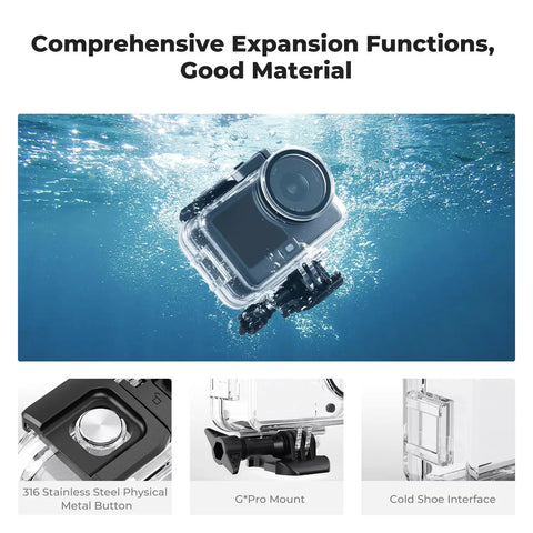 60 Meter Waterproof Case With Floating Handle Kit For DJI Osmo Action 6 underwater with stainless steel button close-up.