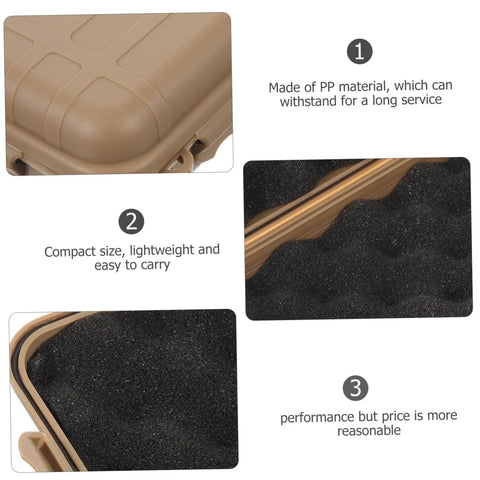 Close-up of Tough Mud Color Outdoor Storage Box with shockproof and weatherproof features displayed.