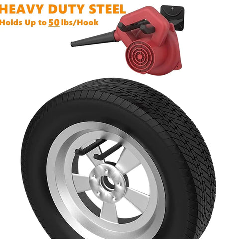 Heavy Duty Garage Hooks Set 2 Wall Mount Tool Hangers Twelve Point Four Inch Long Non Slip Rubber Coated holding car tire