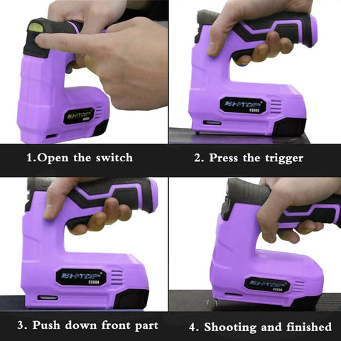 Purple Cordless Staple Gun And Brad Nailer 4V Rechargeable USB Power Includes 1500 Staples And 1500 Brad Nails LED Level Indicator