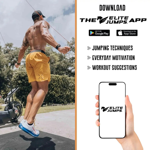 Man jumping rope outdoors with phone showing Elite Jumps App, promoting Beaded Jump Rope 1-Inch Beads, Adjustable Length For Cardio, Agility And HIIT Training